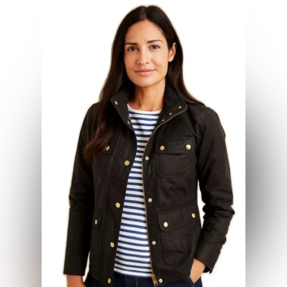 J. Crew Black Waxed Downtown Field/Barn Jacket Gold Snaps, Size Medium
